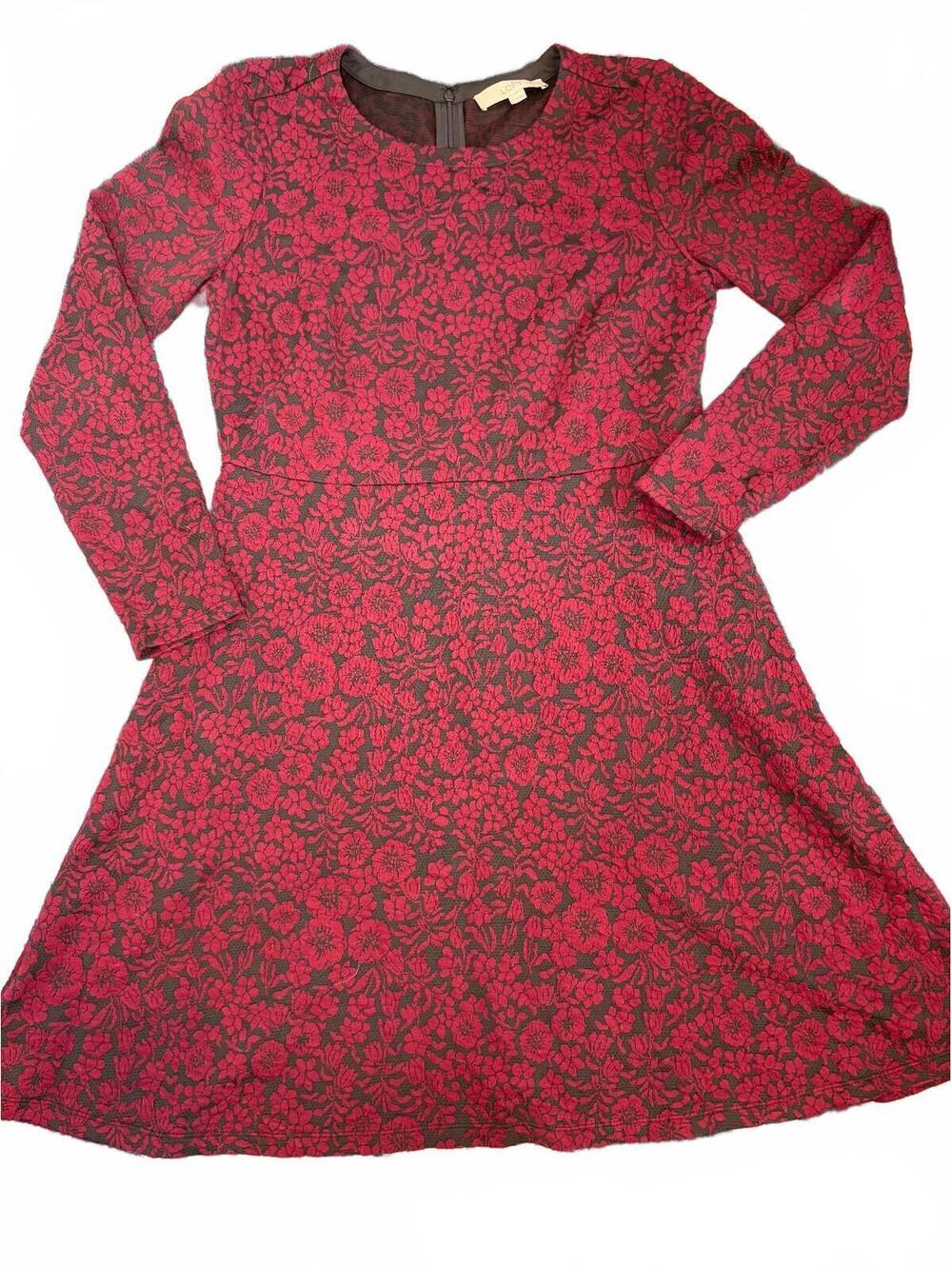 LOFT Size 10 Red and Black A-Line Floral Jacquard Holiday Party Dress